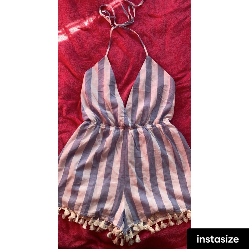 Nasty Gal blue and white romper w tassels
